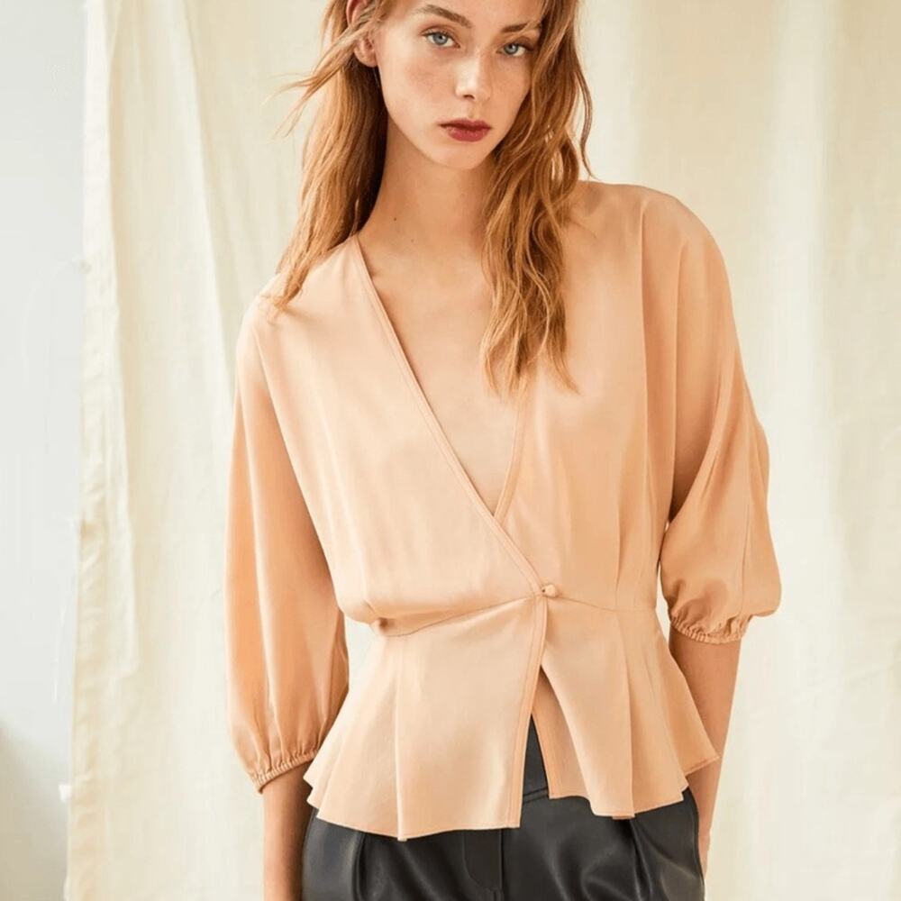 New! $120 WILFRED Le Fou Silk Peplum Wrap Blouse XS NWT